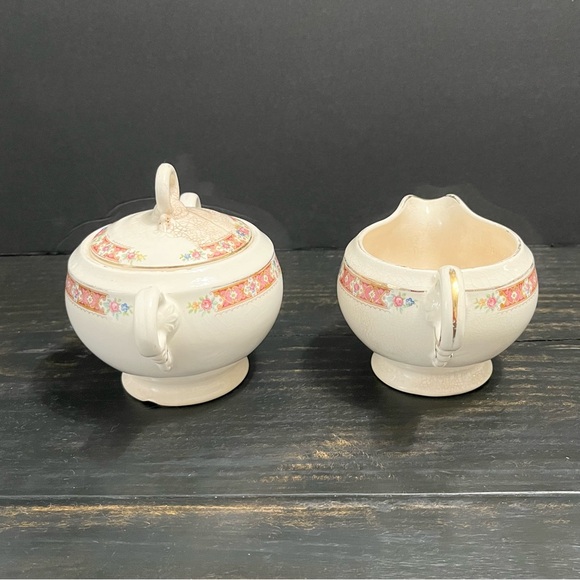 Antique Crown Potteries Co Creamer and Sugar Bowl Set  Pink Floral Design - Picture 6 of 16